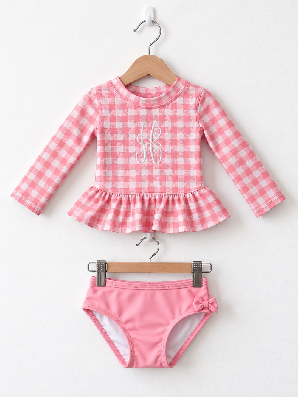 Baby Girls Rufflebutts Swimsuit pink gingham 6-12months old rash guard two piece